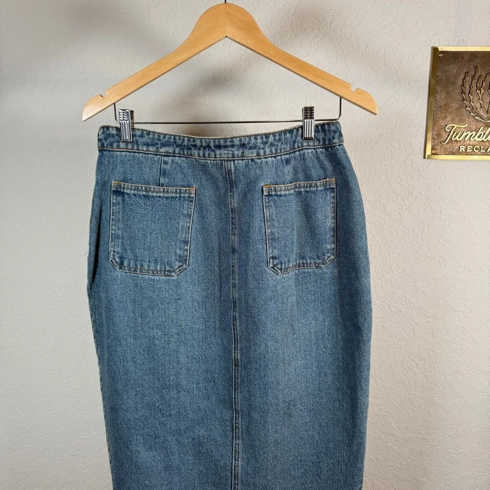 Denim Midi Skirt Embroidered Bird Flowers Blue Jean Pencil Skirt Size‎ L